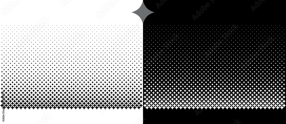 Poster Art design element or background with halftone rhombuses. A black figure on a white background and an equally white figure on the black side.