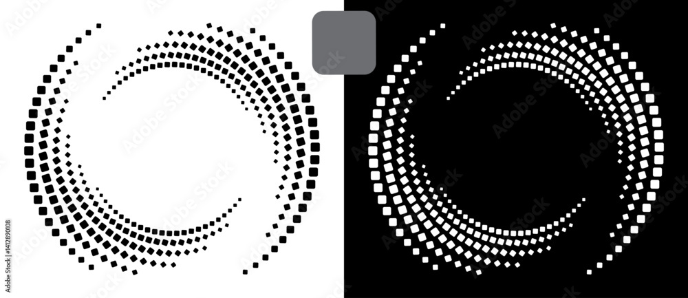 Fototapete Spiral dotted background with squares. Yin and yang style. Design element or icon. Black shape on a white background and the same white shape on the black side.