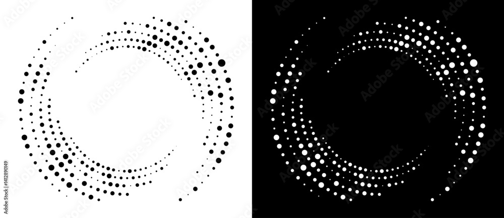 Poster Circle abstract background with dynamic halftone dots in spiral. Yin and yang style. Black shape on a white background and the same white shape on the black side.