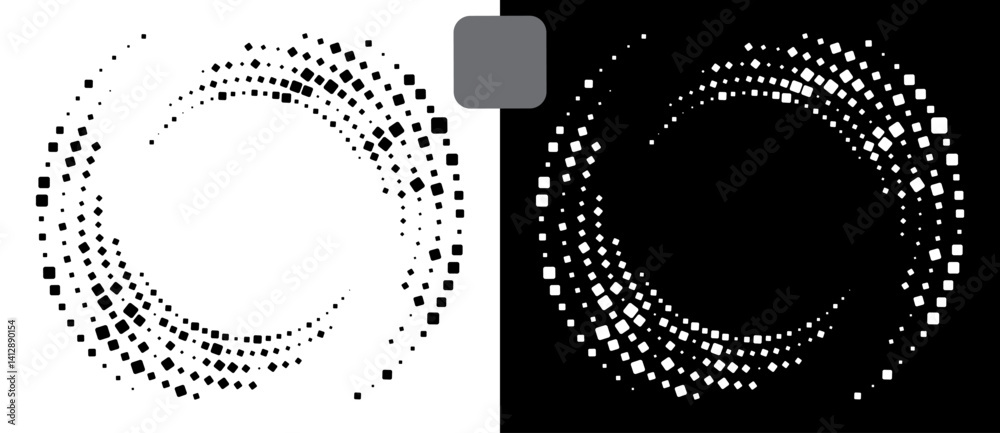 Poster Spiral dotted background with squares. Yin and yang style. Design element or icon. Black shape on a white background and the same white shape on the black side.