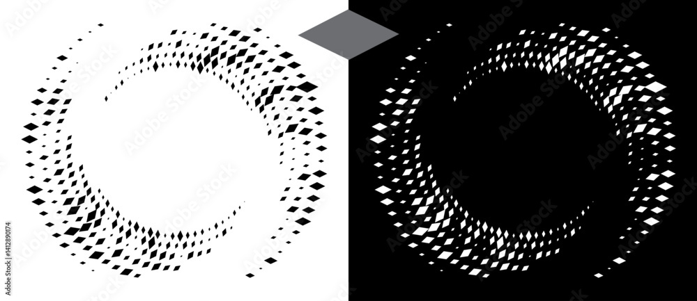 Poster Spiral dotted background with rhombuses. Yin and yang style. Design element or icon. Black shape on a white background and the same white shape on the black side.