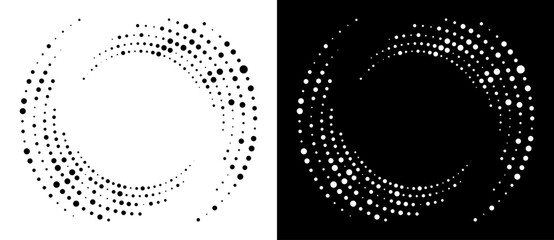 Circle abstract background with dynamic halftone dots in spiral. Yin and yang style. Black shape on a white background and the same white shape on the black side.