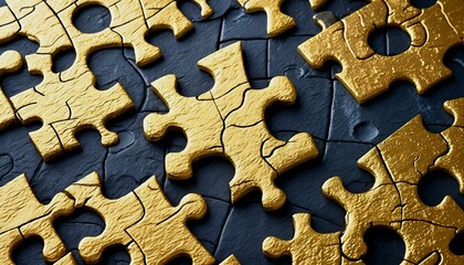Fototapeta premium a close-up view of interlocking golden jigsaw puzzle pieces against a dark textured background creates an abstract and intriguing pattern.