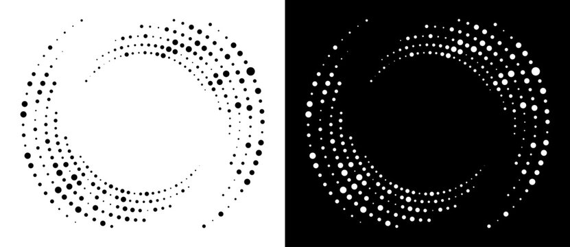 Circle abstract background with dynamic halftone dots in spiral. Yin and yang style. Black shape on a white background and the same white shape on the black side.