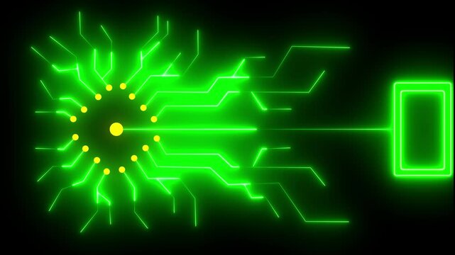 Neon technology circuit board lines abstract motion design. Futuristic circuit board with moving electrons PNG Alpha .Digital Data moving on Circuit Board Animation on black background . 4k video 
