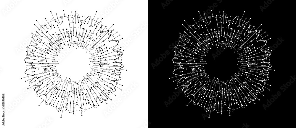 Poster Abstract background with waves, lines and dots in circle. Art design BIG DATA concept. Black lines on a white background and white lines on the black side.