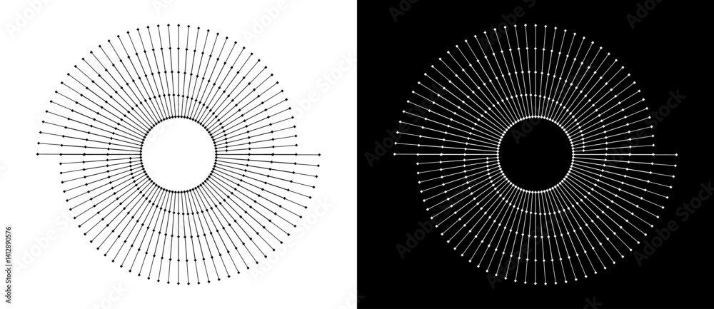 Poster Spiral with lines as dynamic abstract vector background or logo or icon. Yin and Yang symbol. Black spiral on white background and white spiral on black background.