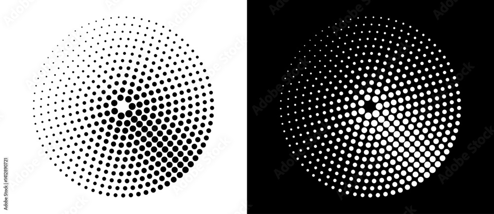 Poster Modern abstract background. Halftone dots in circle form. Round logo. Vector dotted frame. Design element or icon. Black shape on a white background and the same white shape on the black side.