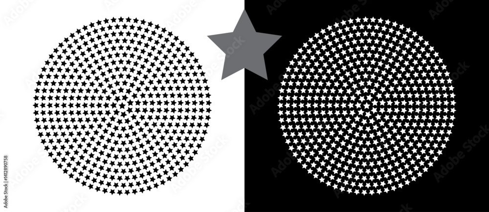 Poster Abstract vector circle with halftone stars as logo or icon. Black shape on a white background and the same white shape on the black side.