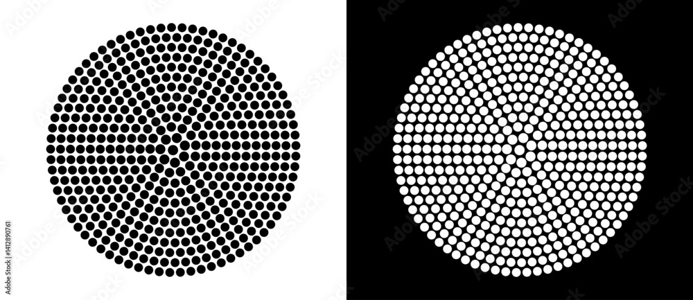 Poster Modern abstract background. Halftone dots in circle form. Round logo. Vector dotted frame. Design element or icon. Black shape on a white background and the same white shape on the black side.