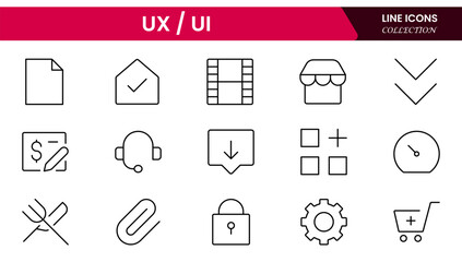 Vector illustration web line icon collection focused on UX/UI design, featuring wireframes, user flow, interface elements, cursor clicks, mobile layout, and usability symbols.