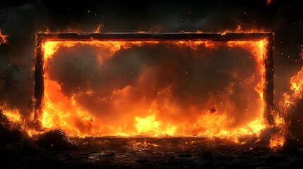 A wooden frame engulfed in raging flames and intense fire