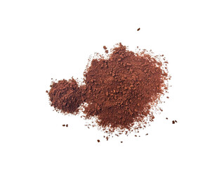 Pile of ground coffee powder or instant coffee grain isolated on white background. Top view. Flat lay.
