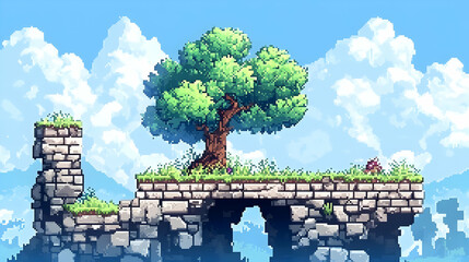 Pixel Art Landscape Featuring Ancient Stone Bridge with Lush Tree Against Blue Sky and Cloudscape