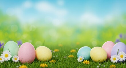 Fototapeta premium Pastel Easter eggs nestled in grass and daisies with dreamy green and blue spring sky in horizontal landscape