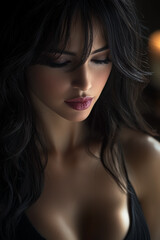 Fototapeta premium Woman with long dark hair and a full bust is shown in a black dress. Concept of sensuality and confidence