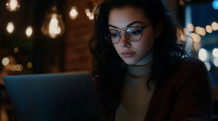Concentrated young woman working late on laptop in ambiently lit space