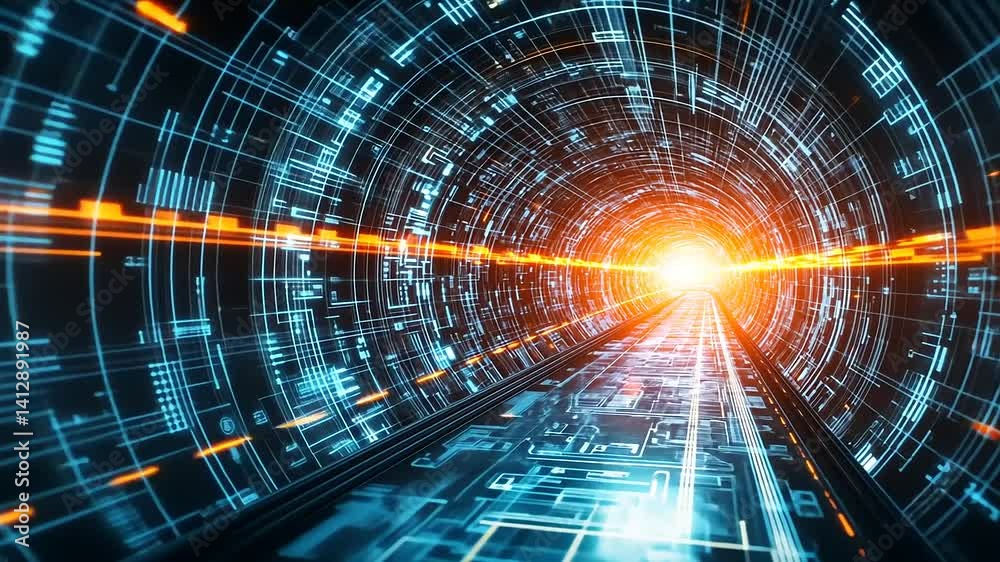 Wall mural digital tunnel with glowing lights and futuristic data flow