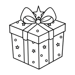 Outlined Gift Box with Ribbon and Star-Shaped Decorations in Black and White