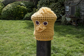 knitted chicken bollard topper for easter celebrations in Titchfield Hampshire England