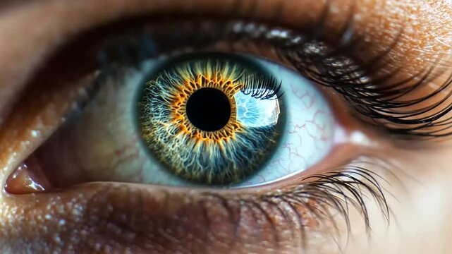 Close-up of a human eye showcasing intricate patterns and vibrant colors, with fine details visible
