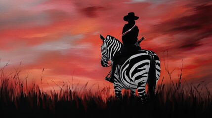 Fototapeta premium a cowboy riding on the back of zebra in sunset