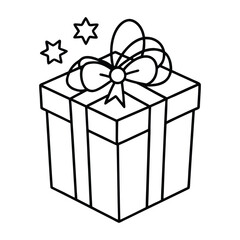 Outlined Gift Box with Ribbon and Star-Shaped Decorations in Black and White
