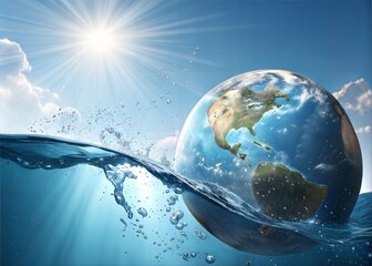 Stylized Digital Illustration of Earth Partially Submerged in Water with Sunlight Rays