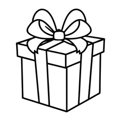 Outlined Gift Box with Ribbon and Star-Shaped Decorations in Black and White