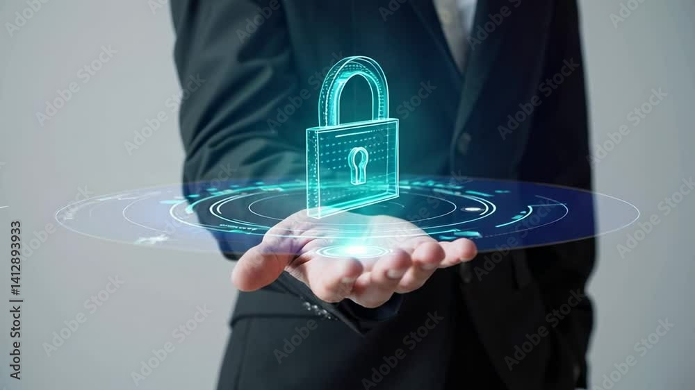Poster businessman in a suit presenting various animations of a futuristic digital padlock, symbolizing dat