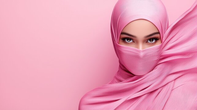 Beautiful Muslim woman wearing a pink hijab and niqab looking at the camera against a solid pink background.