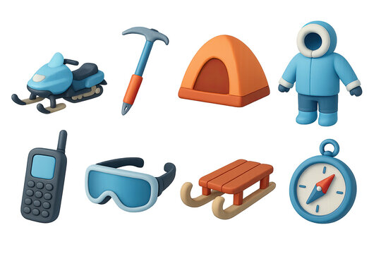 3D icon set of polar expedition: snowmobile, ice axe, tent, thermal gear, satellite phone, snow goggles, sled, compass. 3d icon. Isolated