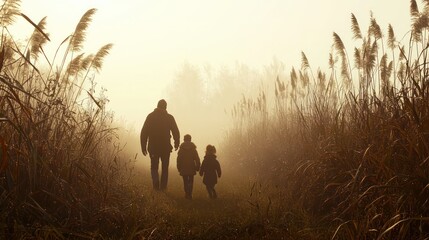 Family walking through a misty wetland, with tall grasses swaying and a tranquil atmosphere, surrounded by nature's serenity and calm.
