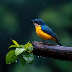Fototapeta premium A vibrant blue and yellow tropical bird with puffed feathers perches on a rain-soaked branch du a gentle tropical downpour showcasing its vivid plumage in a stunning