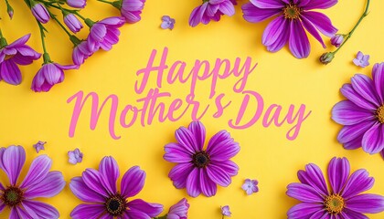 Happy Mothers Day banner with purple flowers on yellow background.