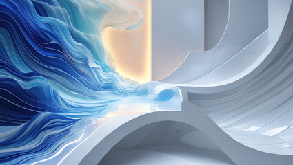 Bright abstract wave background, with transitions from white to blue with geometric shapes.