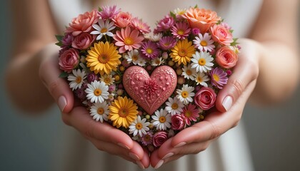 Heart with flowers in hands. Concept of love and emotions, kind-hearted person, help and charity, mother's day