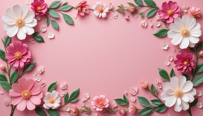 Floral arrangement. Paper flowers on a pink background with space for text.