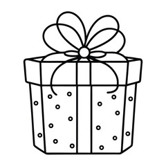 Outlined Gift Box with Ribbon and Star-Shaped Decorations in Black and White