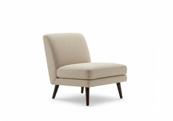 Obraz premium Modern beige upholstered armchair with wooden legs isolated on white background