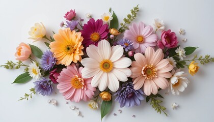 Floral arrangement with multicolored flowers on a white background