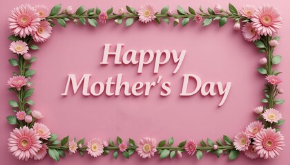 Frame of flowers with the inscription Happy Mother's Day on a pink background