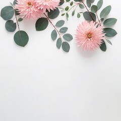 Floral composition. Pink flowers on a white background. Space for text