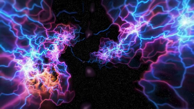 Dynamic video concept with vibrant neon lightning bolts against a starry backdrop. Aerial angle enhances the cosmic energy and movement. Live desktop wallpaper.