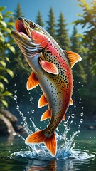 a fish jumps from the water in the middle of the lake