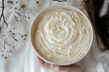 whipped fluffy white ganache with vanilla dots, whisk in a bowl , top down view ,white table 