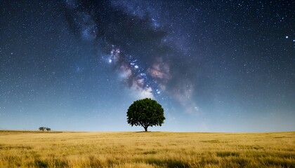 Fototapeta premium a lone tree stands silhouetted against a vibrant, star-filled milky way galaxy over a golden wheat field under a clear night sky.