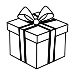 Outlined Gift Box with Ribbon and Star-Shaped Decorations in Black and White