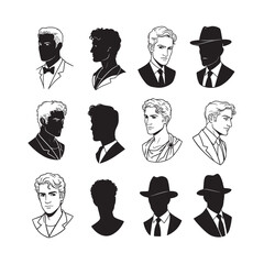 Vector silhouette set of man profile cameo icons with hairstyle and black outline style