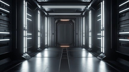 Dark sci fi spaceship corridor with glowing white lights and a sealed metal door in a futuristic high-tech environment.